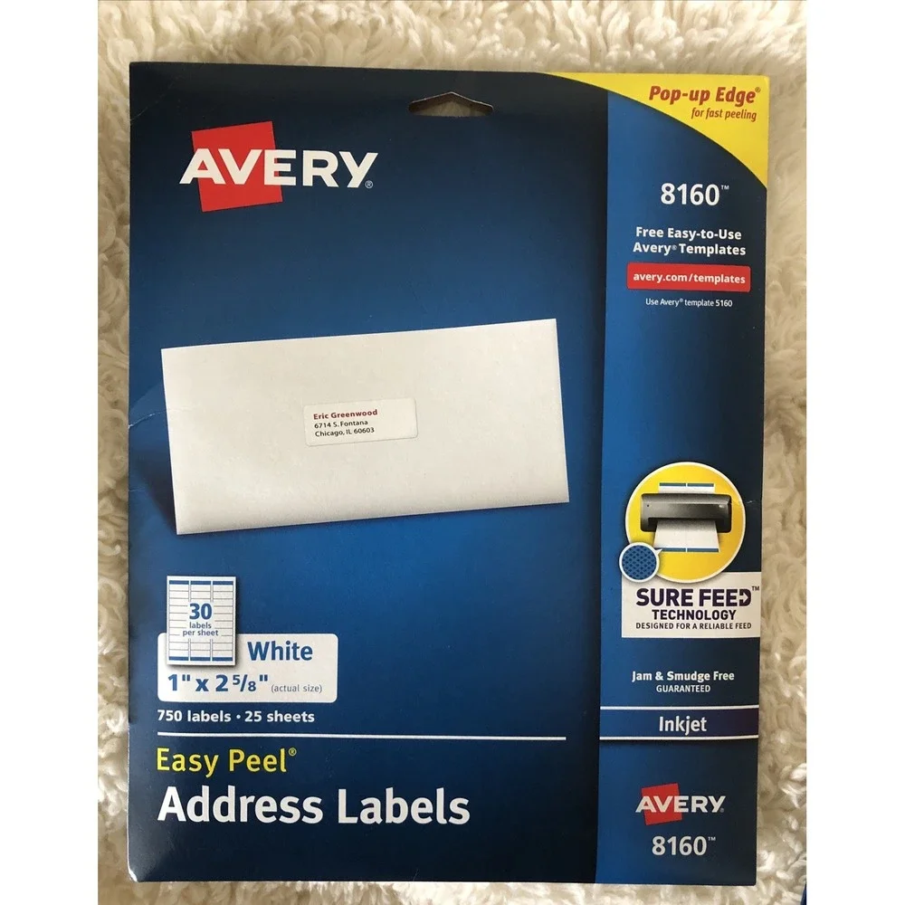 Avery 8160 Easy Peel White Inkjet Address Labels 1 X 2 5/8 Pack of 750 +480 READ